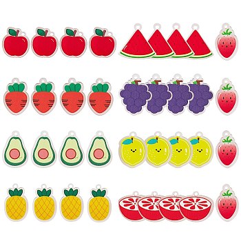 36Pcs 9 Style Translucent Acrylic Pendants, Double-Faced Printed, Fruit Mixed Shapes, Mixed Color, 18~29.5x16.5~26.5x2mm, Hole: 2mm, 4pcs/style