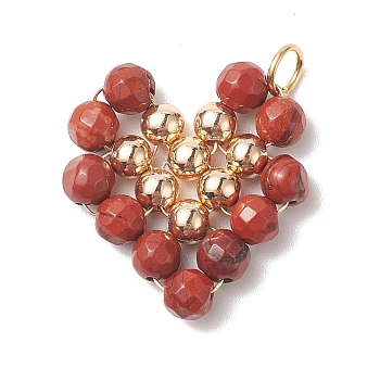 Natural Red Jasper Copper Wire Wrapped Pendants, Heart Charms, with Golden Tone Brass Beads, 22.5x22x4.5mm, Hole: 3.6mm