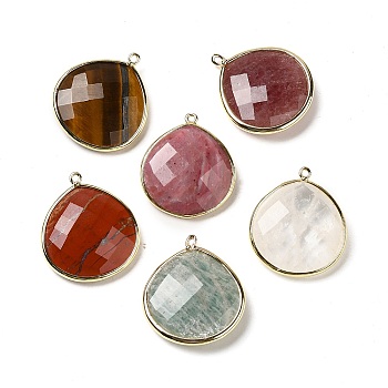 Natural & Synthetic Mixed Stone Pendants, with Golden Brass Edge, Faceted, Teardrop, 28x25x6mm, Hole: 1.6mm