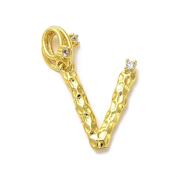 Rack Plating Brass Micro Pave Cubic Zirconia European Dangle Charms, Large Hole Letter Pendant, Real 18K Gold Plated, Long-Lasting Plated, Cadmium Free & Lead Free, Letter V, 24.5mm, Charm: 16.5x14x2mm, Hole: 4x2.5mm
