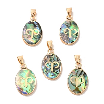 Constellation Natural Paua Shell Pendants, Golden Tone Brass Oval Charms, Aries, 22x13x3~3.5mm, Hole: 6x3mm