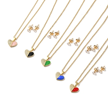 Clear Cubic Zirconia Heart with Enamel Pendant Necklace & Stud Earrings, Golden 304 Stainless Steel Jewelry Set for Women, Mixed Color, 510mm, 13x5.5mm, Pin: 0.7mm