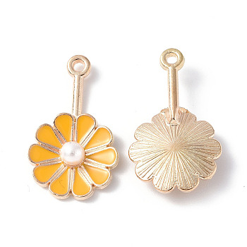 Alloy Enamel Pendants, with ABS Plastic Imitation Pearls, Light Gold, Flower Charm, Gold, 26x15x4.5mm, Hole: 1.5mm