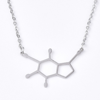 201 Stainless Steel Pendant Necklaces, with Cable Chains, Dopamine Molecular Structure, Stainless Steel Color, 17.5 inch(44.5cm), 2mm, Dopamine Molecular Structure: 22x32.5x1mm