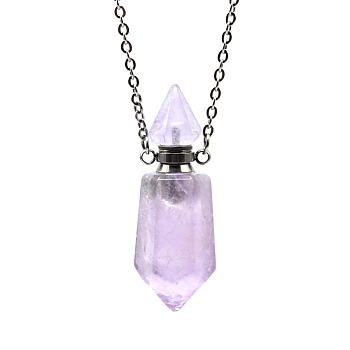Natural Amethyst Bullet Perfume Bottle Necklaces, with Alloy Cable Chains, 17.72 inch(45cm)