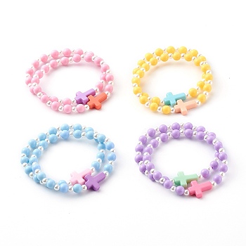 Opaque Acrylic Stretch Beaded Bracelets for Kids, with ABS Plastic Imitation Pearl Beads, Round & Cross, Mixed Color, Inner Diameter: 1-3/4 inch(4.6cm)