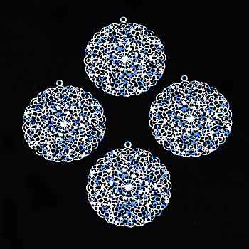 430 Stainless Steel Pendants, Spray Painted, Etched Metal Embellishments, Flat Round with Flower Pattern, White, 42.5x39.5x0.4mm, Hole: 1.8mm