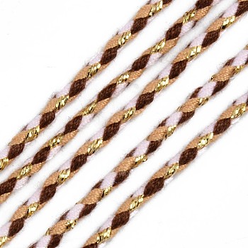 Tri-color Polyester Braided Cords, with Gold Metallic Thread, for Braided Jewelry Friendship Bracelet Making, Camel, 2mm, about 100yard/bundle(91.44m/bundle)