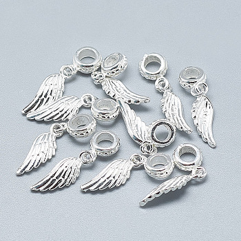 925 Sterling Silver European Dangle Charms, Large Hole Pendants, Wing, Silver, 27mm, Hole: 4mm, Wing: 18x6.5x3mm