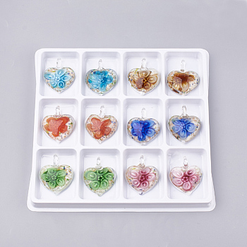 Handmade Gold Sand Lampwork Pendants, Inner Flower, Heart, Mixed Color, 41~46x36~38x15~16mm, Hole: 8mm, Box Size: 20x19.5x1.3cm, about 12pcs/box