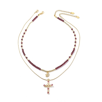2Pcs 2 Style Cubic Zirconia Cross & Moon Pendant Necklaces Set with Natural Garnet Beaded, Gemstone Jewelry for Women, Golden, 16.26~17.8 inch(41.3~45.2cm), 1Pc/style