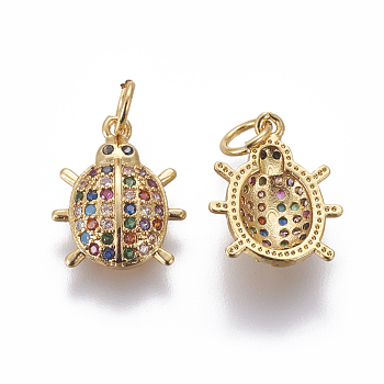 Brass Micro Pave Cubic Zirconia Charms, Insects, Colorful, Golden, 14x11.5x3mm, Hole: 3mm