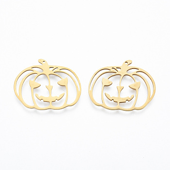 201 Stainless Steel Pendants, Pumpkin Jack-O'-Lantern, Halloween Style, Real 18K Gold Plated, 23x28.5x1mm, Hole: 1mm