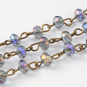Handmade Electroplate Glass Faceted Rondelle Beads Chains for Necklaces Bracelets Making, with Antique Bronze Plated Brass Eye Pin, Unwelded, Medium Purple, 39.4 inch, about 92pcs/strand