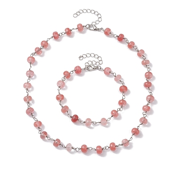 Rondelle Cherry Quartz Glass Links Bracelets & Necklaces Sets, Brass Jewelry for Women, Beacelet: 7-7/8 inch(20cm), Necklace: 16-3/8 inch(41.5cm)