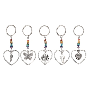 Heart with Wing/Cross/Tree of Life/Butterfly Alloy Pendant Keychain, with Chakra Gemstone Chip and Iron Split Key Rings, Mixed Shapes, 7.4cm