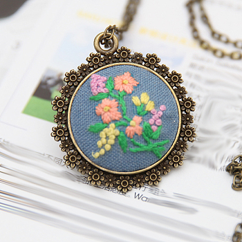 DIY Embroidery Flower Pendant Necklace Making Kit, Including Alloy Cable Chains & Pendant Cabochon Settings, Needle Pin, Cotton Thread, Plastic Embroidery Hoops, Steel Blue, 920mm