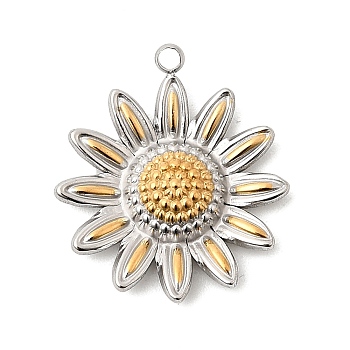 304 Stainless Steel Pendants, Sunflower Charm, Two Tone, Golden & Stainless Steel Color, 21.5x19x3.7mm, Hole: 1.6mm
