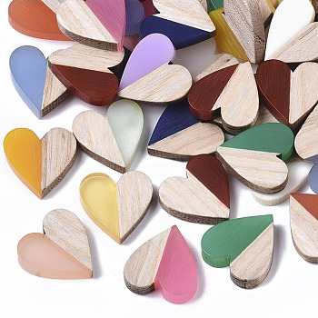 Resin & Wood Two Tone Cabochons, Heart, Mixed Color, 15x14.5x3mm