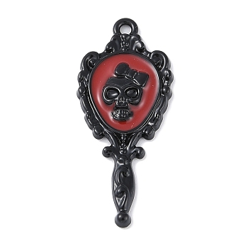 Halloween Rack Plating Alloy Enamel Pendants, Cadmium Free & Nickel Free & Lead Free, Mirror with Skull Charm, Black, 35.5x15x3mm, Hole: 1.6mm