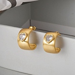 Brass Drawbench Stud Earrings, with Clear Cubic Zirconia, Half Hoop Earrings for Women, Heart, Real 22K Gold Plated, 25x10mm(EJEW-L288-008G)