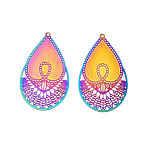 Ion Plating(IP) 304 Stainless Steel Filigree Pendants, Etched Metal Embellishments, Drop, Rainbow Color, 42x25x0.2mm, Hole: 1.2mm(X-STAS-S118-088)