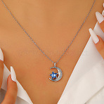 Brass Capri Blue Rhinestone Moon with Star Pendant Necklaces for Women, Platinum, 18.35 inch(46.6cm)(WG06C1A-10)
