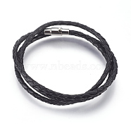 Leather Braided Cord Wrap Bracelets/Necklaces, Three Loops, with 304 Stainless Steel Magnetic Screw Clasps, Column, Black, 22.8 inch~23 inch(58~58.5cm), 3mm(BJEW-JB03919-01)