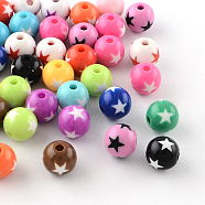 Star Pattern Opaque Acrylic Beads, Round, Mixed Color, 19~20x18mm, Hole: 3mm, about 116pcs/500g(SACR-R882-20mm-M)