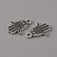 Tibetan Style Alloy Pendants, Hamsa Hand/Hand of Miriam, Antique Silver, 19x13x1.5mm, Hole: 2mm(PALLOY-WH0101-14AS)