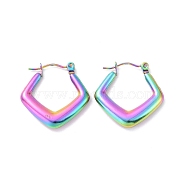Ion Plating(IP) Rainbow Color 304 Stainless Steel Rhombus Hoop Earrings for Women, 22x22x3.5mm, Pin: 0.8mm(EJEW-G293-21M)
