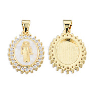 Brass Micro Pave Clear Cubic Zirconia Pendants, with Enamel and Shell, Real 18K Gold Plated, Nickel Free, Oval with Saint, White, 19.5x14.5x4mm, Hole: 3x4mm(KK-N227-95D)