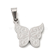 304 Stainless Steel Pendants, Textured and Laser Cut, Butterfly Charm, Stainless Steel Color, 15x15.5x1.5mm, Hole: 5x3mm(STAS-Q301-21P)