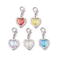 Heart Alloy & Acrylic Pendant Decorations, with Lobster Claw Clasps, Platinum, Mixed Color, 28mm(HJEW-JM01642)