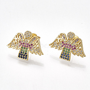Brass Cubic Zirconia Stud Earrings, with Ear Nuts, Angel, Golden, 14.5x20mm, Pin: 0.7mm(EJEW-S201-116)