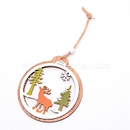 Wooden Ornaments, with Jute Twine, for Party Gift Home Decoration, Flat Round Shape with Elk Christmas Reindeer/Stag Pattern, BurlyWood, 20cm(WOOD-WH0107-64)