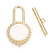 Brass Toggle Clasps, with Shell, Flat Round, Real 18K Gold Plated, 21.5x10x1.5mm, Hole: 1mm, Bar: 4x17x1.5mm, Hole: 1.4mm(KK-N254-161G)