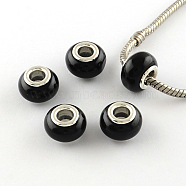 Imitation Cat Eye Resin European Beads, Large Hole Rondelle Beads, with Silver Color Plated Brass Cores, Black, 13~14x9mm, Hole: 4.5~5mm(X-RPDL-S002-01)
