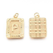 Brass Pendants, with Jump Rings, Cadmium Free & Nickel Free & Lead Free, Rectangle with Letter, Real 18K Gold Plated, Letter.P, 22.5x16x2mm, Jump Ring: 5x1mm, 3mm inner diameter(KK-N232-512P)
