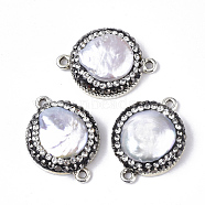 Natural Cultured Freshwater Pearl Links connectors, with Alloy Findings and Polymer Clay Rhinestone, Flat Round, Antique Silver, 24.5x18x5.5~7.5mm, Hole: 1.6mm(RB-T013-09A1)