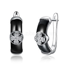 Trendy Sterling Silver Hoop Earrings, with Cubic Zirconia and Porcelain, Flat Round with Flower, Black, Silver, 21x8mm(EJEW-BB30032)