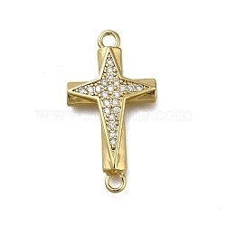 Brass Clear Cubic Zirconia Cross Connector Charms, Long-Lasting Plated, Rack Plating, Lead Free & Cadmium Free, Real 18K Gold Plated, 26x14x2.5mm, Hole: 1.8mm(ZIRC-I070-010G)