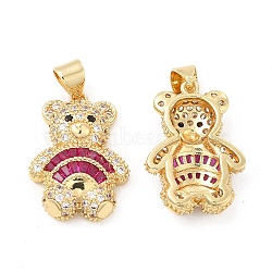 Brass Micro Pave Cubic Zirconia Pendants, Bear Charm, Golden, Medium Violet Red, 21x15x5mm, Hole: 4x3mm(KK-H441-05A-G)