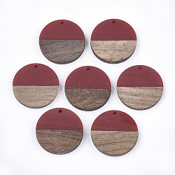 Resin & Walnut Wood Pendants, Flat Round, FireBrick, 28.5x3.5~4mm, Hole: 1.5mm(RESI-S358-02B-12)