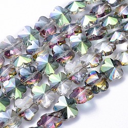 Electroplate Glass Beads Strands, Half Plated, Faceted, Flower, Green Plated, 13.5x8mm, Hole: 1mm, about 25pcs/strand, 12.5 inch(32cm)(EGLA-F132-HP07)