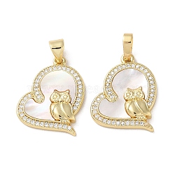 Brass Micro Pave Clear Cubic Zirconia Pendants, with Shell, Real 18K Gold Plated, Owl, Heart, 19.5x16.5x3mm, Hole: 5x3.7mm(KK-B083-32A-G)