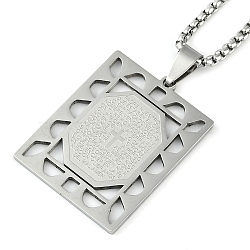 304 Stainless Steel Hollow Rectangle with Cross Pendant Box Chain Necklaces, Stainless Steel Color, 23.43 inch(59.5cm)(NJEW-D089-06P)