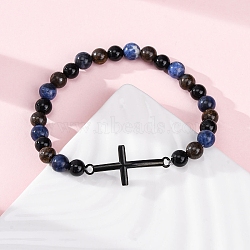 Round Natural Sodalite & Black Agate & Picasso Jasper Beads Stretch Bracelets, Stainless Steel Cross Link Bracelets for Women Men, with Synthetic Hematite, Inner Diameter: 2 inch(5.15cm)(BJEW-F493-06EB)