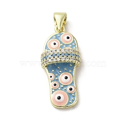 Brass Micro Pave Cubic Zirconia Pendants, with Enamel, Real 18K Gold Plated, Slipper
 with Evil Eye, Sky Blue, 23x10.5x5mm, Hole: 3.5x5.5mm(KK-E092-18G-07)