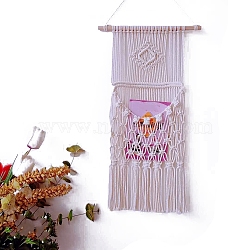 Bohemian Macrame Woven Cotton Magazine Holder, Wall Hanging Tassel Plants Storage Bag for Home Bedroom Decoration, Old Lace, 700x400mm(PW-WG34399-01)